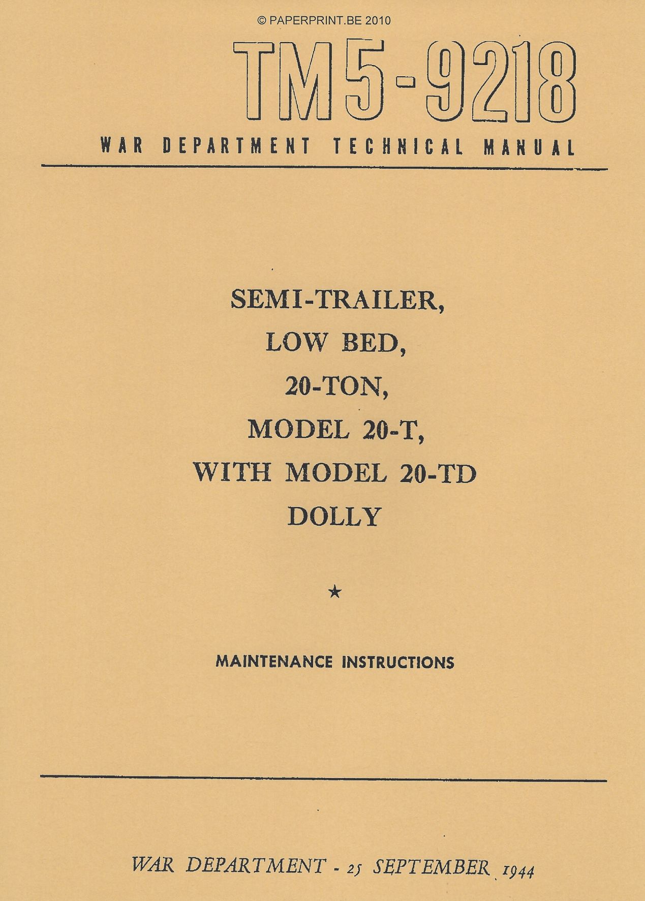 TM 5-9218 US SEMI-TRAILER, LOW BED, 20-TON, MODEL 20-T WITH MODEL 20-TD DOLLY